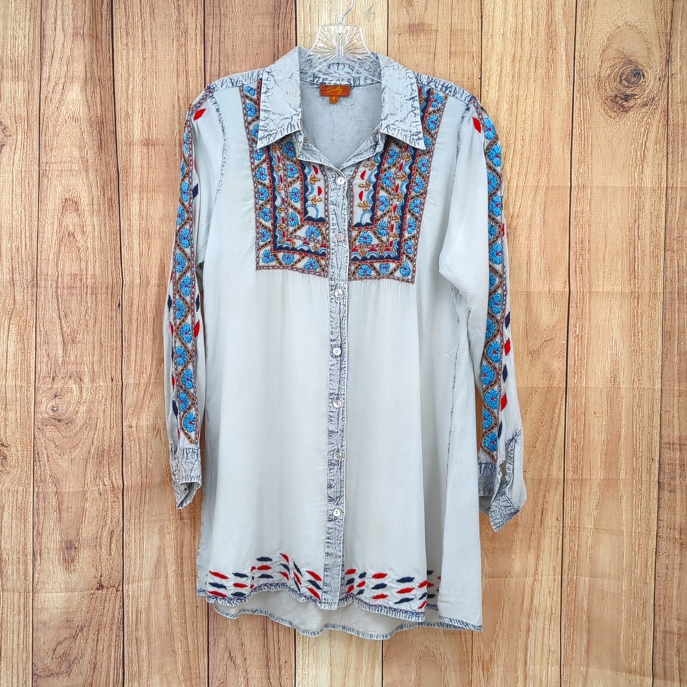 SCULLY Women’s Embroidered Gray Button Up Blouse Western Floral Red & Blue Sz S